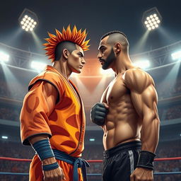A hyper-realistic, highly detailed illustration of a face-to-face standoff between a muscular, spiky-haired warrior inspired by anime aesthetics and a legendary boxer resembling Mike Tyson with a strong build and an iconic face tattoo