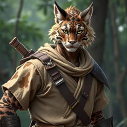 A male Tabaxi warrior with a striking appearance, featuring a beautiful brown and white fur coat, characterized by tabby patterns