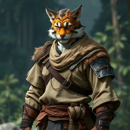 A male Tabaxi warrior with a striking appearance, featuring a beautiful brown and white fur coat, characterized by tabby patterns