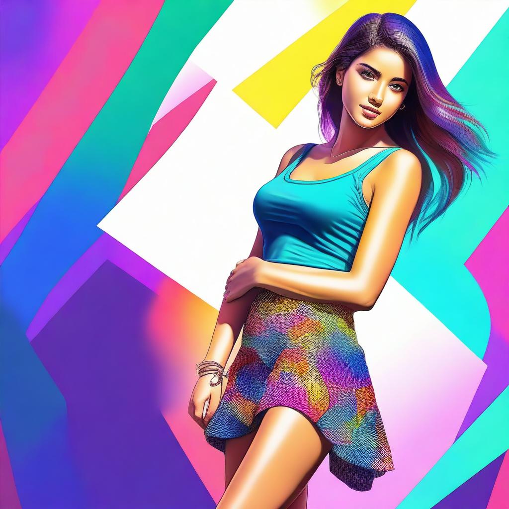 A highest quality digital art image showcasing a beautiful girl in a stylish short skirt and top