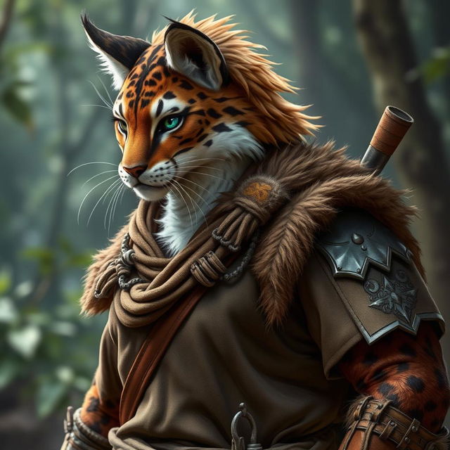 A male Tabaxi warrior with a striking appearance, featuring a beautiful brown and white fur coat, characterized by tabby patterns