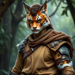 A male Tabaxi warrior with a striking appearance, featuring a beautiful brown and white fur coat, characterized by tabby patterns