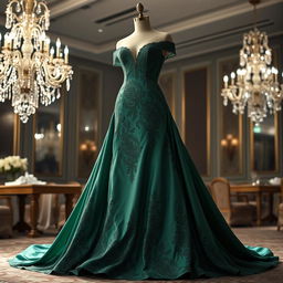 A stunning designer gown, featuring intricate vintage lace detailing, flowing satin fabric in a rich emerald green color, with a plunging neckline and an exquisite train that drapes elegantly on the floor