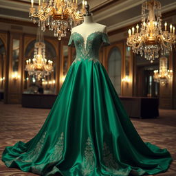 A stunning designer gown, featuring intricate vintage lace detailing, flowing satin fabric in a rich emerald green color, with a plunging neckline and an exquisite train that drapes elegantly on the floor