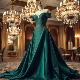 A stunning designer gown, featuring intricate vintage lace detailing, flowing satin fabric in a rich emerald green color, with a plunging neckline and an exquisite train that drapes elegantly on the floor