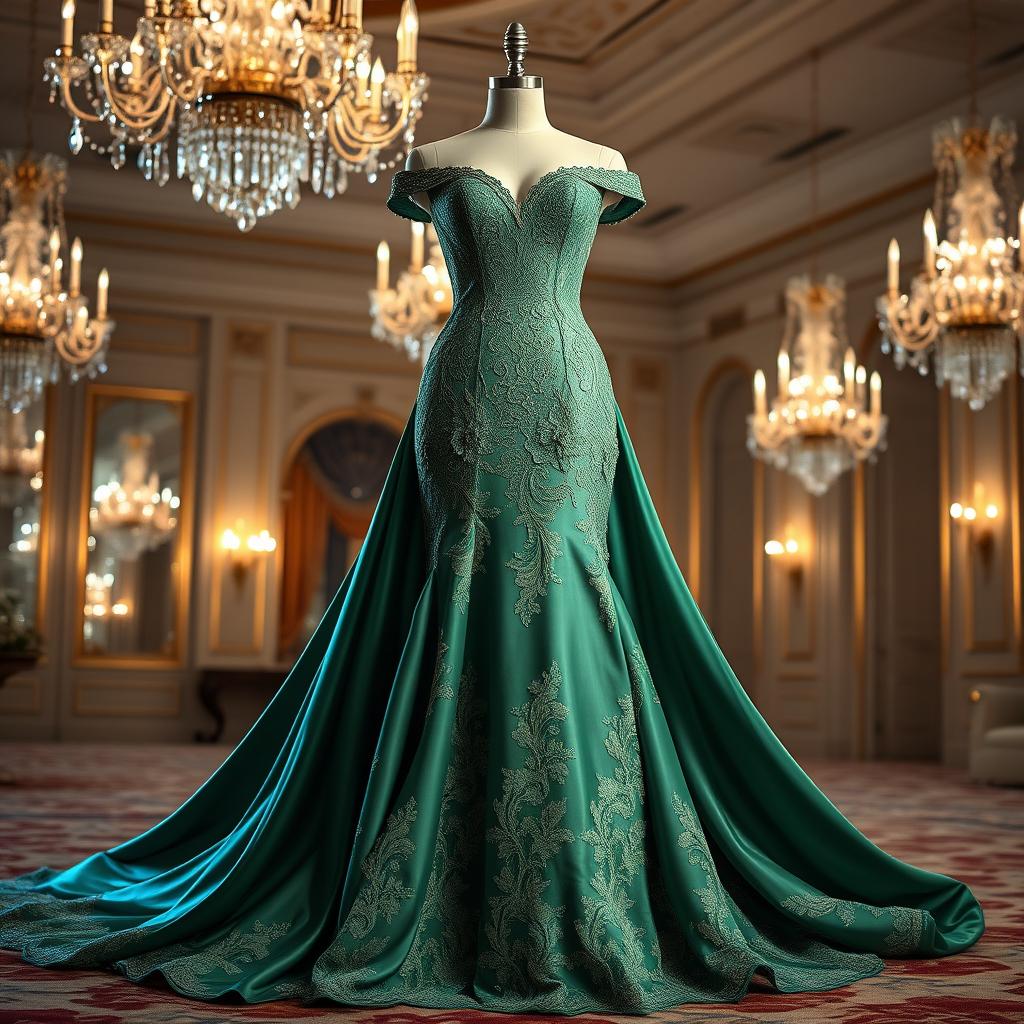 A stunning designer gown, featuring intricate vintage lace detailing, flowing satin fabric in a rich emerald green color, with a plunging neckline and an exquisite train that drapes elegantly on the floor