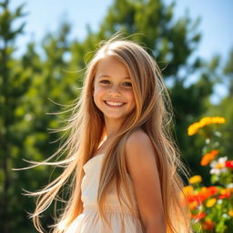 A girl with long, flowing hair that cascades down her back, set against a serene nature backdrop