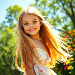 A girl with long, flowing hair that cascades down her back, set against a serene nature backdrop