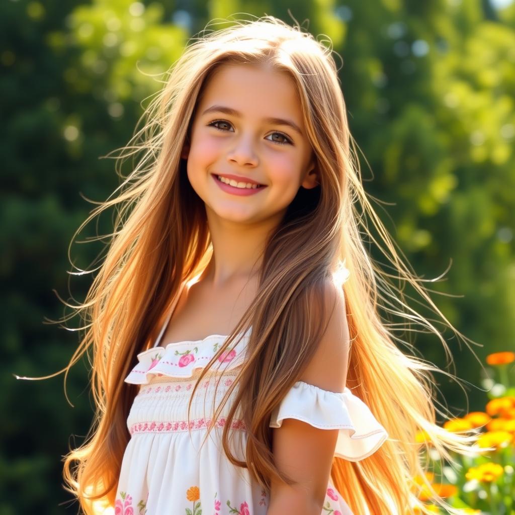 A girl with long, flowing hair that cascades down her back, set against a serene nature backdrop