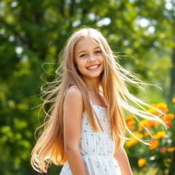 A girl with long, flowing hair that cascades down her back, set against a serene nature backdrop