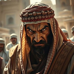 A striking portrayal of Abu Jahal, the cruel leader of the Quraysh, set against a backdrop of ancient Makkah