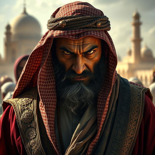 A striking portrayal of Abu Jahal, the cruel leader of the Quraysh, set against a backdrop of ancient Makkah