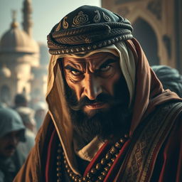 A striking portrayal of Abu Jahal, the cruel leader of the Quraysh, set against a backdrop of ancient Makkah