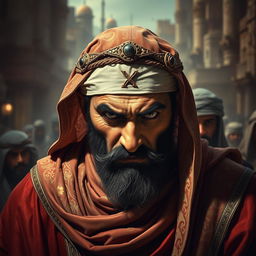 A striking portrayal of Abu Jahal, the cruel leader of the Quraysh, set against a backdrop of ancient Makkah