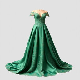 A stunning designer gown captured in a meticulous PNG format, showcasing intricate vintage lace detailing and flowing satin fabric in a rich emerald green color