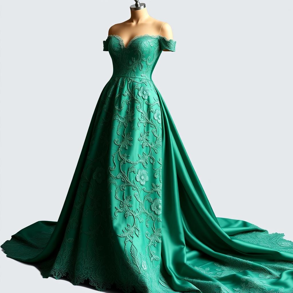 A stunning designer gown captured in a meticulous PNG format, showcasing intricate vintage lace detailing and flowing satin fabric in a rich emerald green color