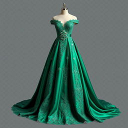 A stunning designer gown captured in a meticulous PNG format, showcasing intricate vintage lace detailing and flowing satin fabric in a rich emerald green color