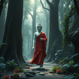 A serene and enchanting scene in a deep forest, where the Buddha walks gracefully amidst towering trees