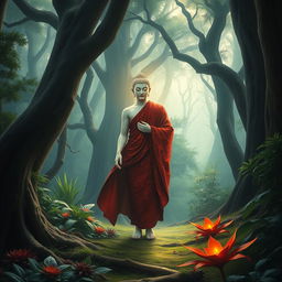 A serene and enchanting scene in a deep forest, where the Buddha walks gracefully amidst towering trees