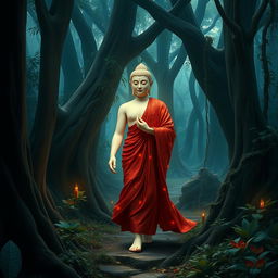 A serene and enchanting scene in a deep forest, where the Buddha walks gracefully amidst towering trees