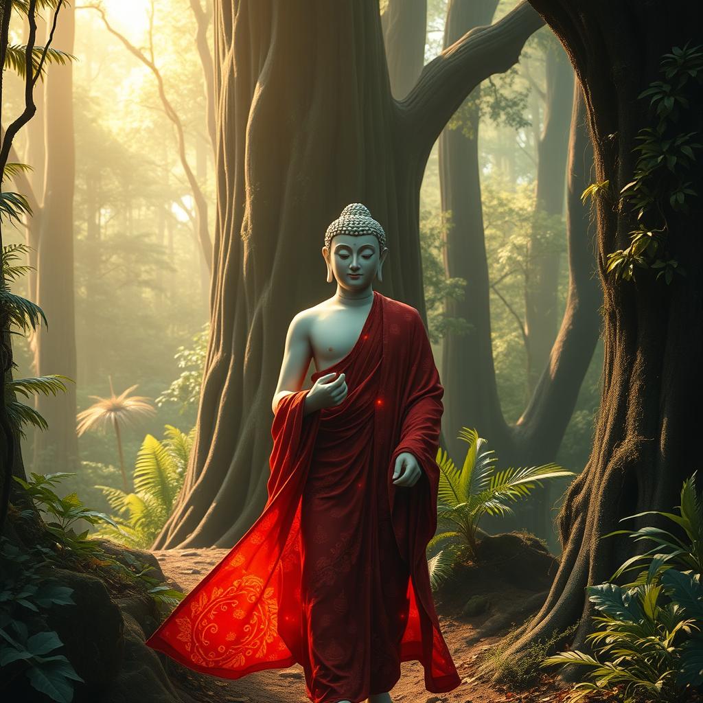 A serene and enchanting scene in a deep forest, where the Buddha walks gracefully amidst towering trees