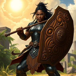 A heavy-set, dark-skinned female human kineticist in striking onyx full plate armor, confidently wielding a massive wooden shield that showcases intricate carvings