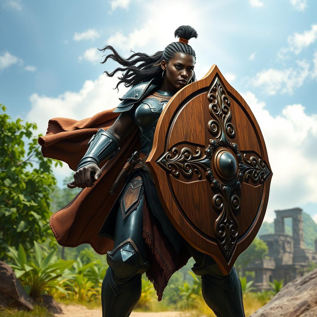 A heavy-set, dark-skinned female human kineticist in striking onyx full plate armor, confidently wielding a massive wooden shield that showcases intricate carvings