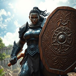 A heavy-set, dark-skinned female human kineticist in striking onyx full plate armor, confidently wielding a massive wooden shield that showcases intricate carvings
