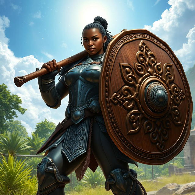 A heavy-set, dark-skinned female human kineticist in striking onyx full plate armor, confidently wielding a massive wooden shield that showcases intricate carvings