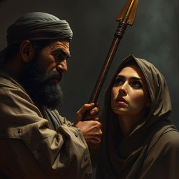 A dramatic and somber depiction of the brutal moment when Abu Jahal kills Sumayyah binti Khayyat with his spear
