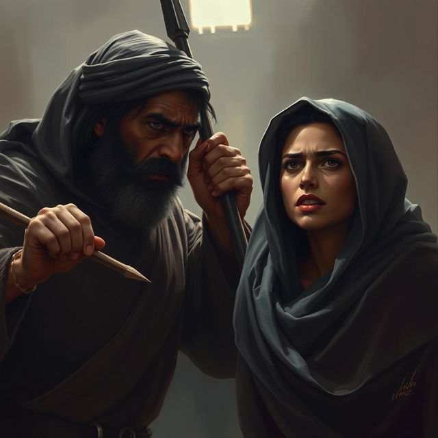 A dramatic and somber depiction of the brutal moment when Abu Jahal kills Sumayyah binti Khayyat with his spear