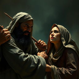 A dramatic and somber depiction of the brutal moment when Abu Jahal kills Sumayyah binti Khayyat with his spear