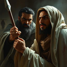A dramatic and somber depiction of the brutal moment when Abu Jahal kills Sumayyah binti Khayyat with his spear