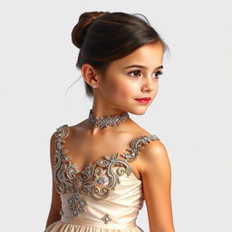 A beautiful girl wearing an elegant designer gown, showcasing intricate details and luxurious fabrics