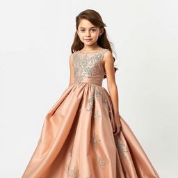 A beautiful girl wearing an elegant designer gown, showcasing intricate details and luxurious fabrics