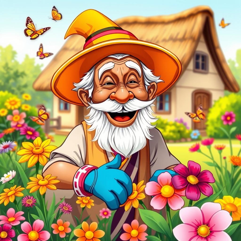 A humorous cartoon illustration of an elderly Indian uncle, joyfully tending to a colorful garden