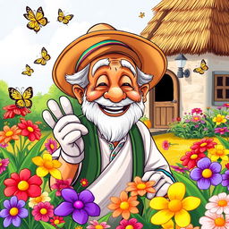 A humorous cartoon illustration of an elderly Indian uncle, joyfully tending to a colorful garden