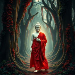 The Buddha walking gracefully through a deep, mystical forest