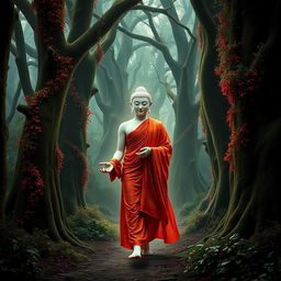 The Buddha walking gracefully through a deep, mystical forest