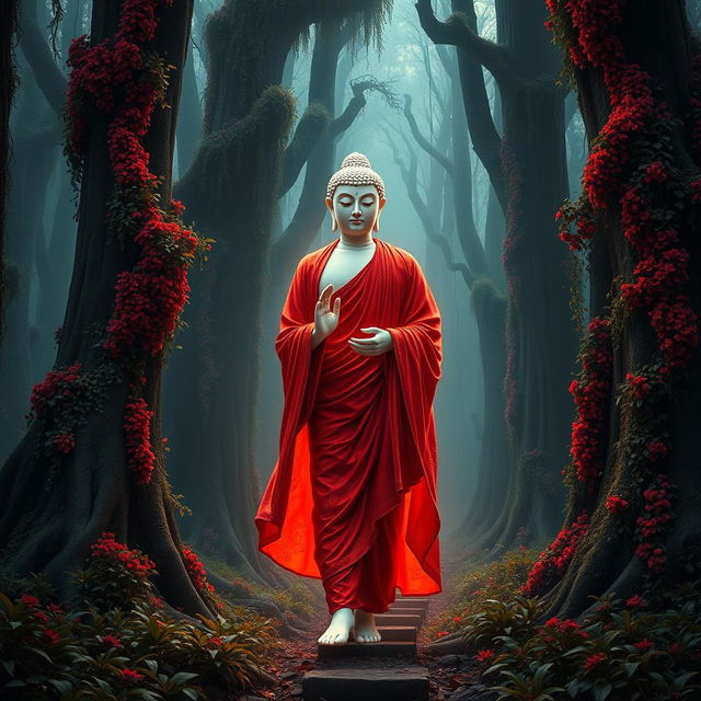 The Buddha walking gracefully through a deep, mystical forest