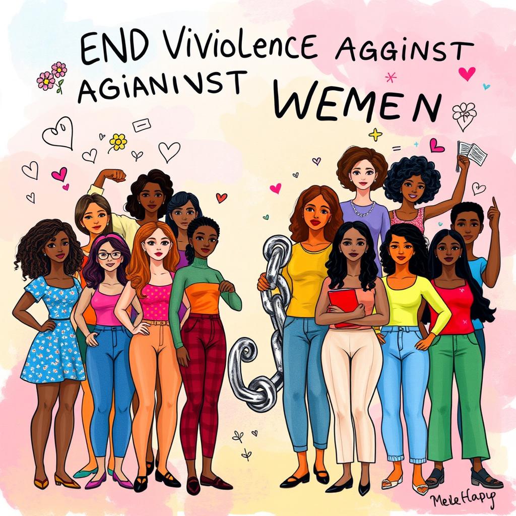 A vibrant and impactful digital poster representing a campaign to end violence against women, featuring a diverse group of strong, empowered women standing together in solidarity