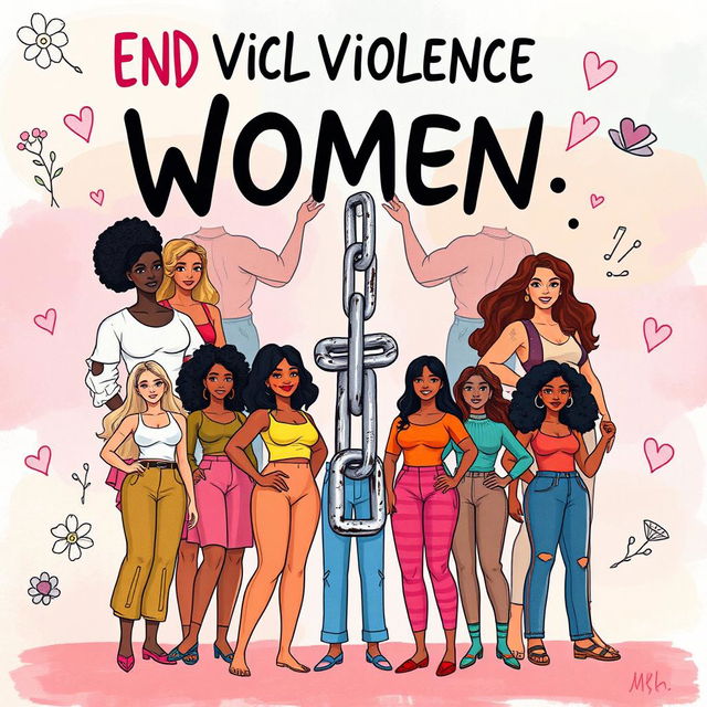 A vibrant and impactful digital poster representing a campaign to end violence against women, featuring a diverse group of strong, empowered women standing together in solidarity