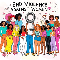 A vibrant and impactful digital poster representing a campaign to end violence against women, featuring a diverse group of strong, empowered women standing together in solidarity
