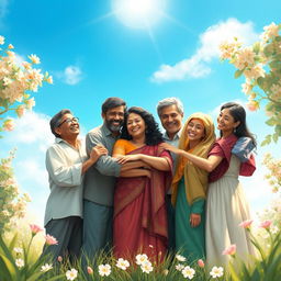 A beautiful and serene digital painting depicting a diverse group of men and women of various ethnicities embracing each other with joy, surrounded by nature, under a bright blue sky