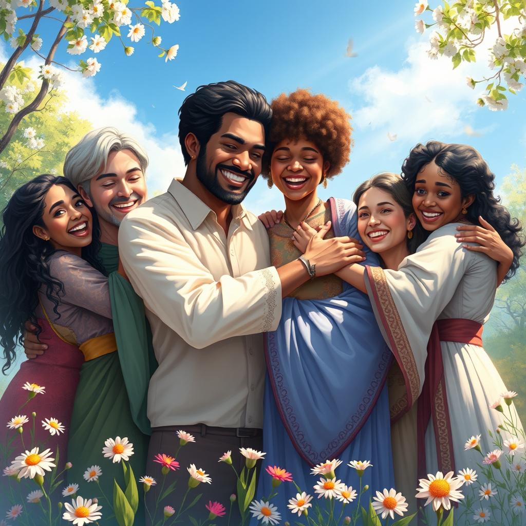 A beautiful and serene digital painting depicting a diverse group of men and women of various ethnicities embracing each other with joy, surrounded by nature, under a bright blue sky