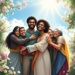 A beautiful and serene digital painting depicting a diverse group of men and women of various ethnicities embracing each other with joy, surrounded by nature, under a bright blue sky