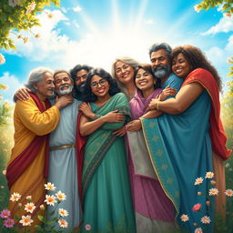 A beautiful and serene digital painting depicting a diverse group of men and women of various ethnicities embracing each other with joy, surrounded by nature, under a bright blue sky
