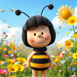 A 3D rendered cartoon character from Peanuts dressed in a cute bumblebee costume