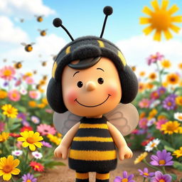 A 3D rendered cartoon character from Peanuts dressed in a cute bumblebee costume