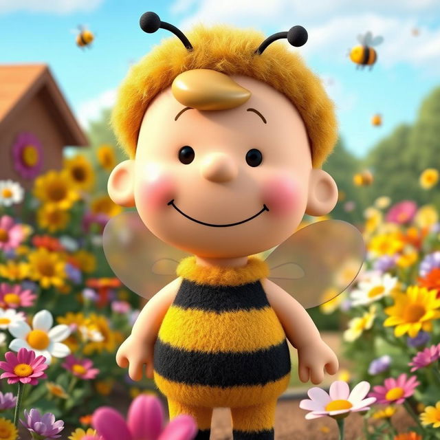 A 3D rendered cartoon character from Peanuts dressed in a cute bumblebee costume